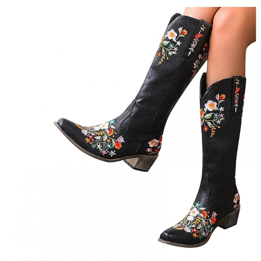Bcshiye Womens Embroidered Cowgirl Boots Square Toe Retro Classic Warm Cowboy Western Boots Slip On Knee High Boots