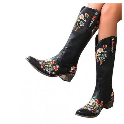 Bcshiye Womens Embroidered Cowgirl Boots Square Toe Retro Classic Warm Cowboy Western Boots Slip On Knee High Boots