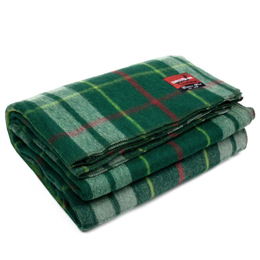 swiss link Swiss Link Military Surplus 90 x 62 Inch Insulating Indoor Outdoor Stain, Flame, and Water Resisting Classic Wool Plaid Washable Throw Blanket, Green, Green Plaid