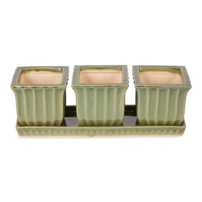 Accent Plus Green Square Ceramic Small Planter (Set of 3)