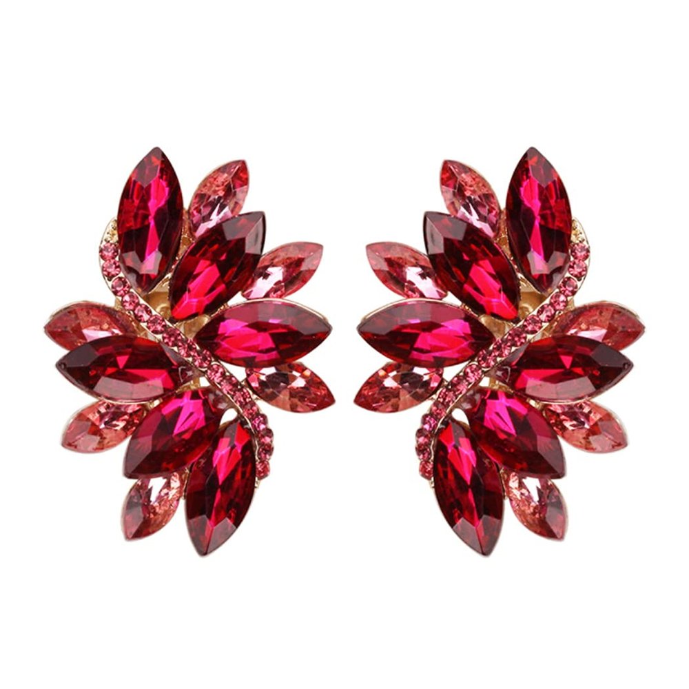Rosemarie Collections Women's Dazzling Crystal Marquis Leaf Cluster Statement Clip On Earrings, 1.87" (Fuchsia Pink Crystal Gold Tone)