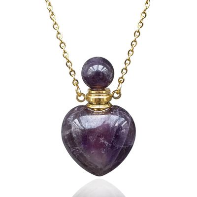Amethyst Heart Shape Perfume Bottle Necklace, Essential Oil Diffuser Bottle Vial for Liquid