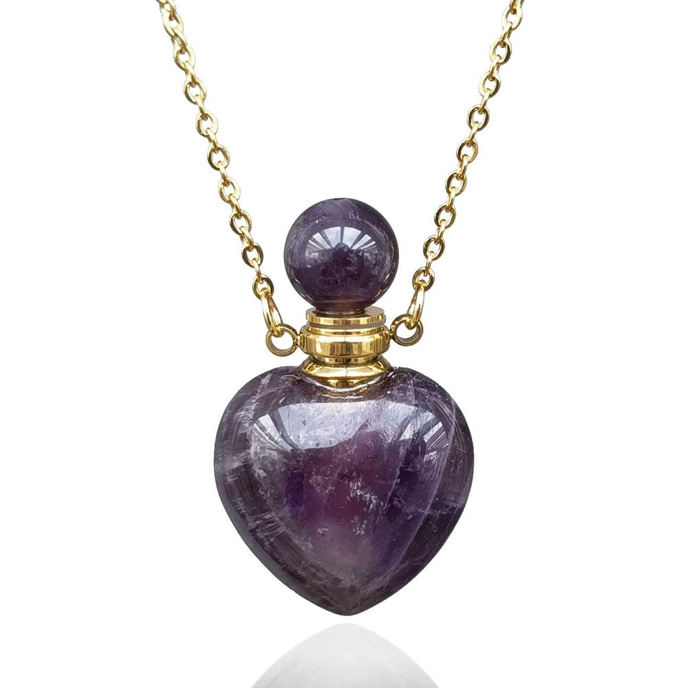 Amethyst Heart Shape Perfume Bottle Necklace, Essential Oil Diffuser Bottle Vial for Liquid