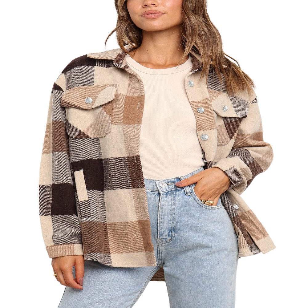 UANEO Womens Plaid Shacket Button Down Wool Blend Fall Flannel Shirt Jacket (Brown-XS)