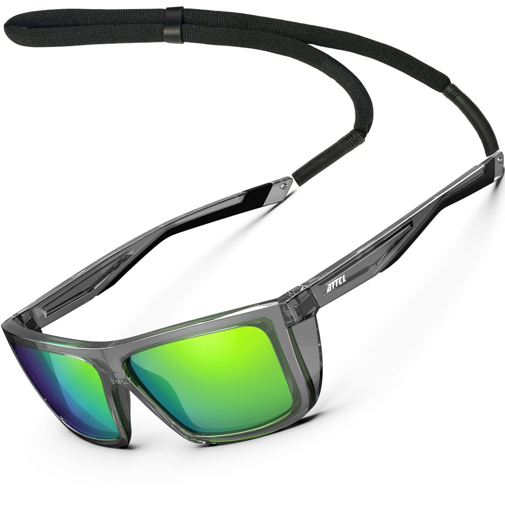 ATTCL Sports Polarized Sunglasses for Men: Secure Anti-Slip Lightweight TR90 Square Frame UV Protection for Driving Fishing Climbing 1124 Cleargrey Black Green