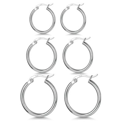 3 Pairs 925 Sterling Silver Hoop Earrings Small White Gold Plated Hoop Earrings for Women (20mm, 25mm, 30mm)