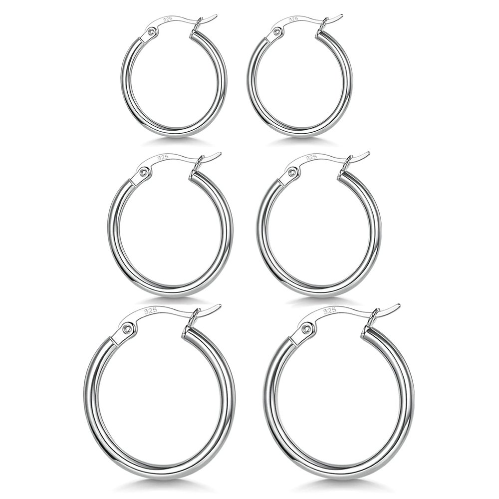 3 Pairs 925 Sterling Silver Hoop Earrings Small White Gold Plated Hoop Earrings for Women (20mm, 25mm, 30mm)