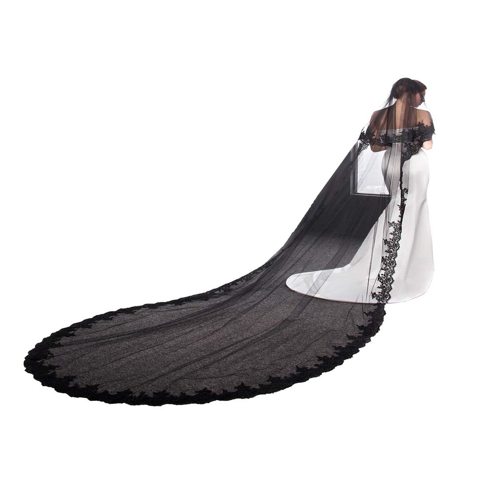 ELAWBTY Womens 1 Tier Fingertip Length Pearl Wedding Bridal Veil With Comb DZ01 Black