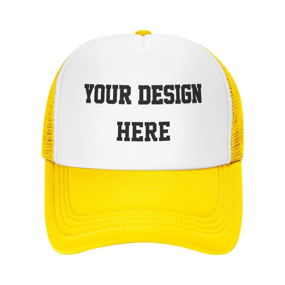 PrintOnDemand Custom Design 3D Print Mesh Trucker Hat-Yellow, Custom Name Text Word, Bridal Wedding Party Summer Beach Hats Style 07, X007_CJ63=_11452_20210929_Yellow, One Size
