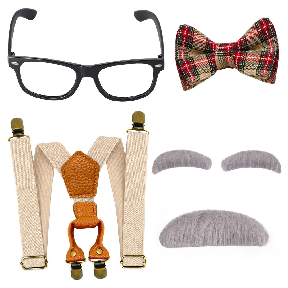 Yewong Kids Old Man Costume Set Grandpa Dress Up Accessories Including Glasses Suspenders Bow Tie Moustache and Eyebrows for Halloween Costume Cosplay (Beige Suspender Set)