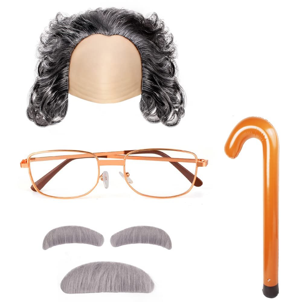 Yewong Old Man Costume Grandpa Accessories Set Old Man Wig and Glasses Inflatable Walking Moustache and Eyebrows for Old Grandpa Cosplay (Set B)