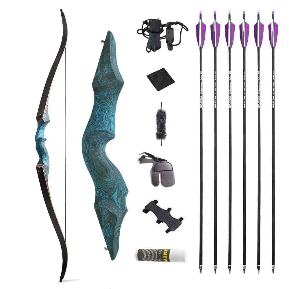 60 Inch Black Hunter Original Takedown Recurve Bow and Arrow Set 20-60lbs Traditional Wood Longbow Right and Left Handed American Hunting Longbow (20 Lbs, Blue Set/Right Handed)