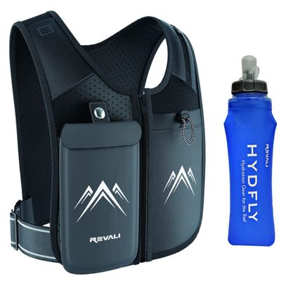 REVALI Running Vest, USA Original Patent, Zip Reflective Running Vests with 500ml Hydration Bottle, Adjustable Waistband & Breathable Material, Chest Pack Gear Phone Holder for Men & Women