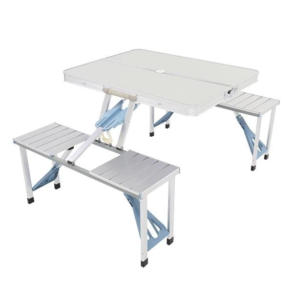 Aeiniwer Portable Aluminum Folding Picnic Table with 4 Seats, Camping Table with Umbrella Hole, Silver, 53.15 x 32.68 x 26.57 inches