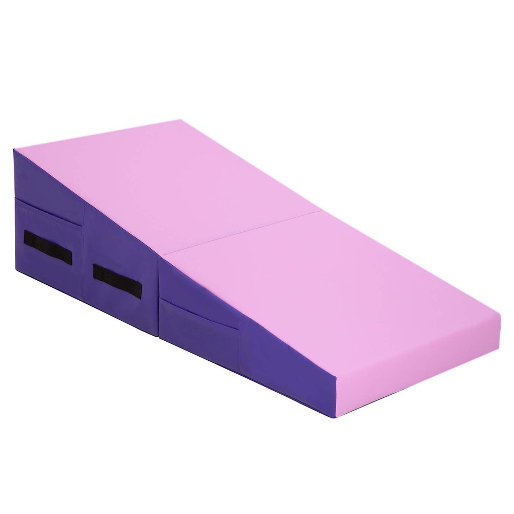 HHS Folding Gymnastics Cheese Wedge Mat - 48x24x14 inch, Gymnastics Mat Non-Slip PVC Surface, Zipper Seal Design for Kids & Adults - Pink