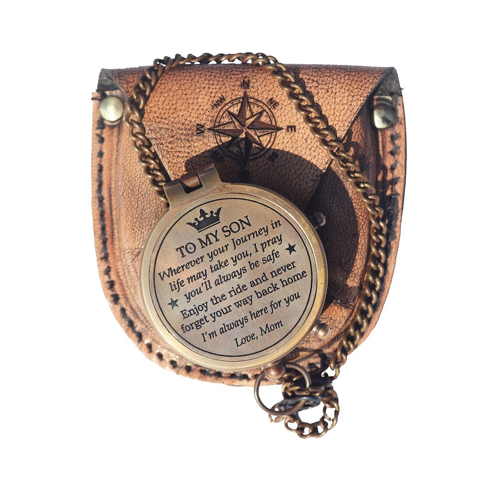 Brass Engrved Compass for Men, Pocket Compass with Leather Case, Antique Handmade Religious Gift Idea for Graduation, Communion, Baptism (to My Son, Love Mom)