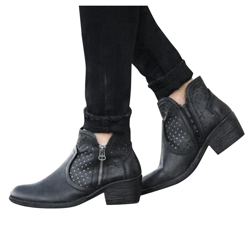 Bcshiye Women's Ankle Boots Winter Round Toe Slip On Ankle Booties Side Zipper Chunky Stacked Heeled Western Booties