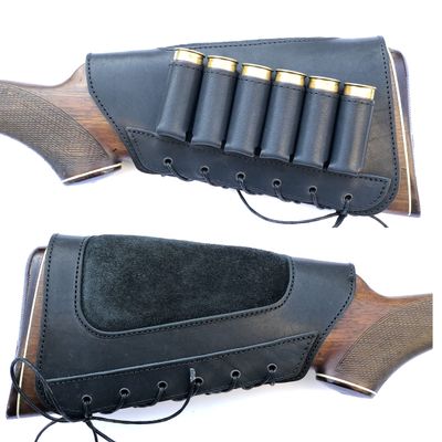 Genuine Leather Buttstock Ammo Shotgun Shell Holder Carrier Cover Suede Padded Cheek Rest (12 Gauge, Left Handed, Black)