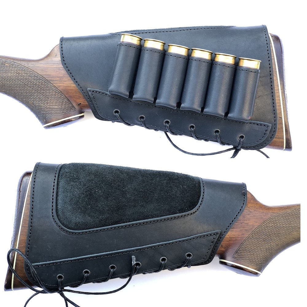 Genuine Leather Buttstock Ammo Shotgun Shell Holder Carrier Cover Suede Padded Cheek Rest (12 Gauge, Left Handed, Black)