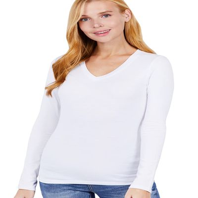 JYB CO Womens Basic Active Slim Fit V-Neck Long Sleeve Top T-Shirt in White - 1XL