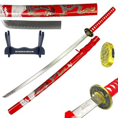 Bishamon 42.5" Samurai Sword with Carbon Steel Blade and Dragon Design Scabbard Includes Wooden Display Stand Decorative Collectible Katana (Red)