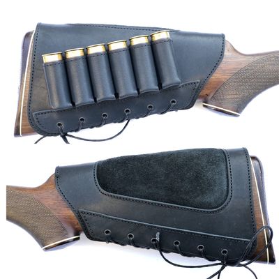 Genuine Leather Buttstock Ammo Shotgun Shell Holder Carrier Cover Suede Padded Cheek Rest (20 Gauge, Right Handed, Black)