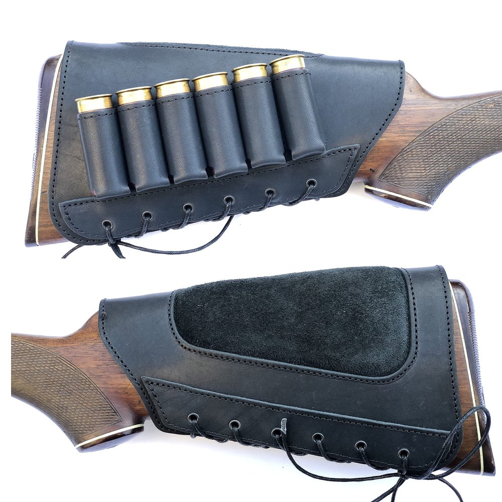 Genuine Leather Buttstock Ammo Shotgun Shell Holder Carrier Cover Suede Padded Cheek Rest (20 Gauge, Right Handed, Black)