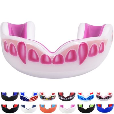 Oral Mart White/Pink Youth Vampire Fangs Mouth Guard for Kids - Youth Mouthguard for Karate, Football, Martial Arts, Taekwondo, Boxing, Rugby, BJJ, Muay Thai, Soccer, Hockey (with Free Case)