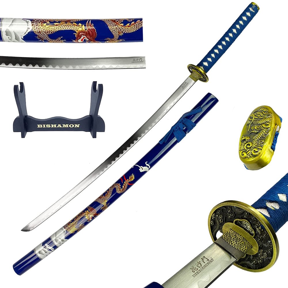Bishamon 42.5" Samurai Sword with Carbon Steel Blade and Dragon Design Scabbard Includes Wooden Display Stand Decorative Collectible Katana (Blue)
