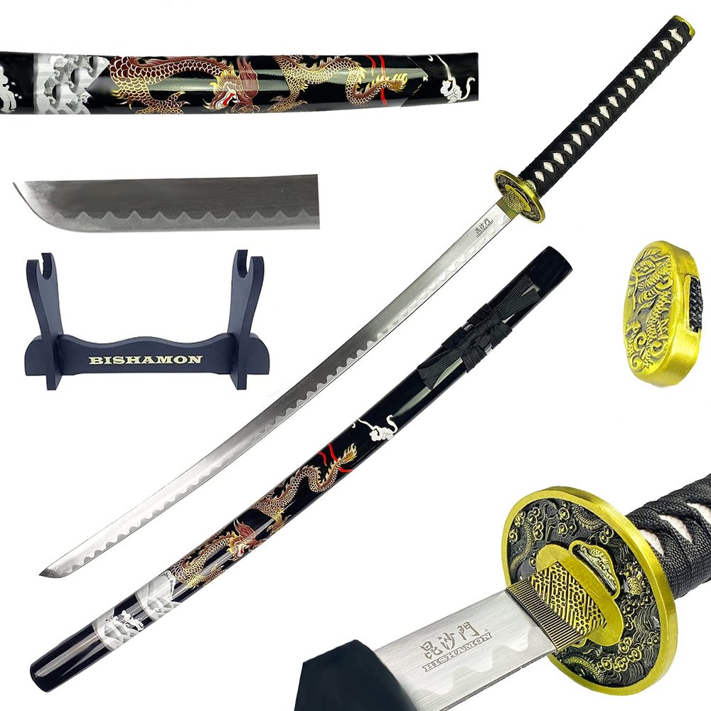 Bishamon 42.5" Samurai Sword with Carbon Steel Blade and Dragon Design Scabbard  Includes Wooden Display Stand  Decorative Collectible Katana (Black)