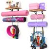 2 PACK Yoga Mat Holder Wall Mount Yoga Mat Storage Shelf Rack Home Gym Accessories with Wood Floating Shelves and 4 Hooks for Hanging Foam Roller and Resistance Bands Home Gym Carbonized Black view 1