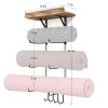 2 PACK Yoga Mat Holder Wall Mount Yoga Mat Storage Shelf Rack Home Gym Accessories with Wood Floating Shelves and 4 Hooks for Hanging Foam Roller and Resistance Bands Home Gym Carbonized Black view 3