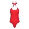 QinCiao Women's Halter Lace-up Metal Chain Sexy Sheer Mesh Sleeveless Low-Cut Bathing Suit Swimwear Red One Size view 1