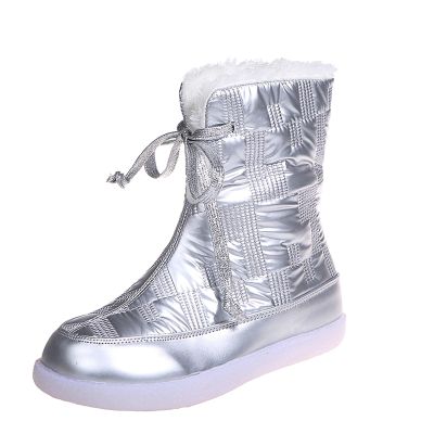 oiangi Flat Snow Boots for Women Fashion Round Toe Cutout Lace up Platform Mid Calf Boots Winter Plush Keeps Warm Comfortable Casual Shoes