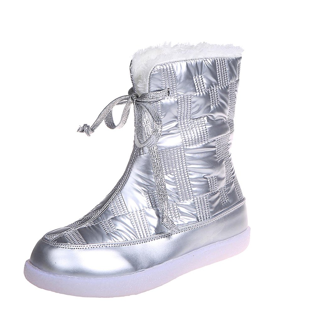 oiangi Flat Snow Boots for Women Fashion Round Toe Cutout Lace up Platform Mid Calf Boots Winter Plush Keeps Warm Comfortable Casual Shoes