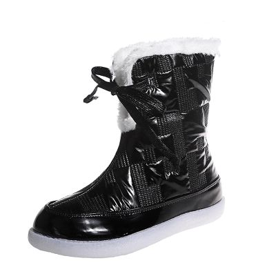 oiangi Flat Snow Boots for Women Fashion Round Toe Cutout Lace up Platform Mid Calf Boots Winter Plush Keeps Warm Comfortable Casual Shoes