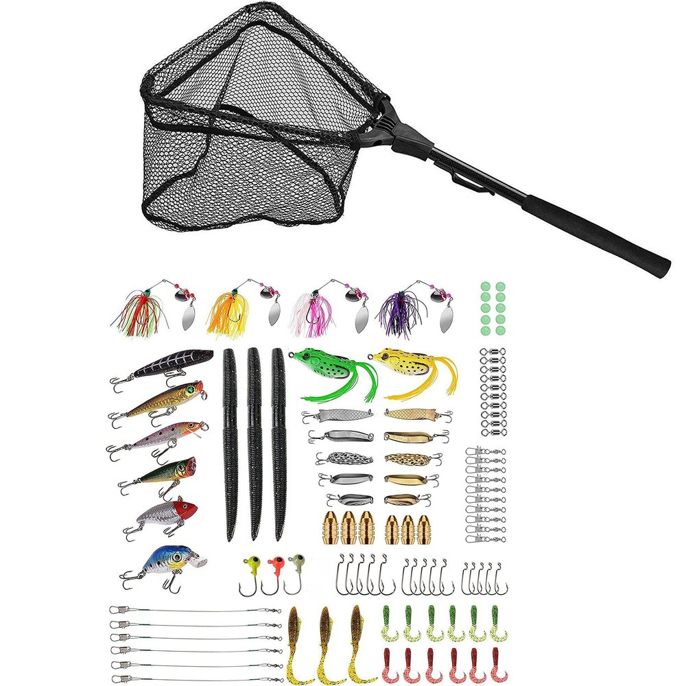 PLUSINNO 102Pcs Fishing Lures Baits Tackle, Fishing Net Fish Landing Net 12"/31cm Hoop Size (Fixed Pole)
