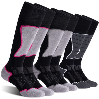 CS CELERSPORT Women's Merino Wool Ski Socks, 3 Pack Thermal Warm Winter Thick Knee High Snowboarding Skiing Socks, Black+Dark Grey, Black+Rose Red, Black+Grey, Small