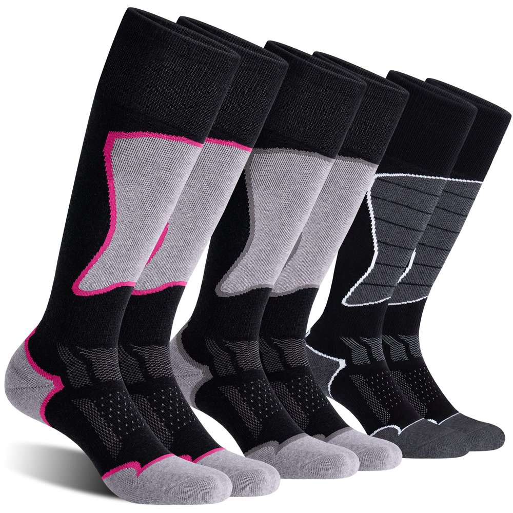 CS CELERSPORT Women's Merino Wool Ski Socks, 3 Pack Thermal Warm Winter Thick Knee High Snowboarding Skiing Socks, Black+Dark Grey, Black+Rose Red, Black+Grey, Small