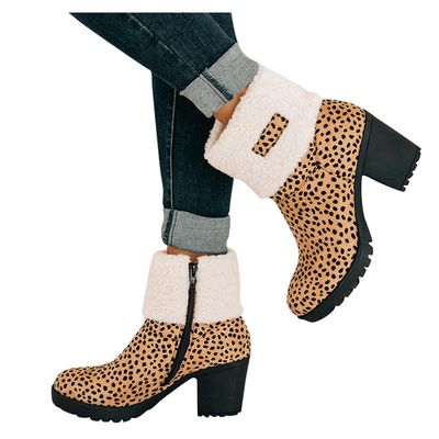 Bcshiye Winter Boots for Women Comfort Slip On Mid Chunky Heel Suede Snow Ankle Boots Warm Fur Lined Outdoor Calf Boots