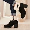 Bcshiye Winter Boots for Women Comfort Slip On Mid Chunky Heel Suede Snow Ankle Boots Warm Fur Lined Outdoor Calf Boots view 2