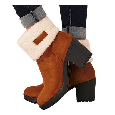 Bcshiye Winter Boots for Women Comfort Slip On Mid Chunky Heel Suede Snow Ankle Boots Warm Fur Lined Outdoor Calf Boots