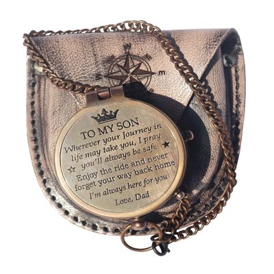 Brass Engrved Compass for Men, Pocket Compass with Leather Case, Antique Handmade Religious Gift Idea for Graduation, Communion, Baptism (to My Son, Love Dad)