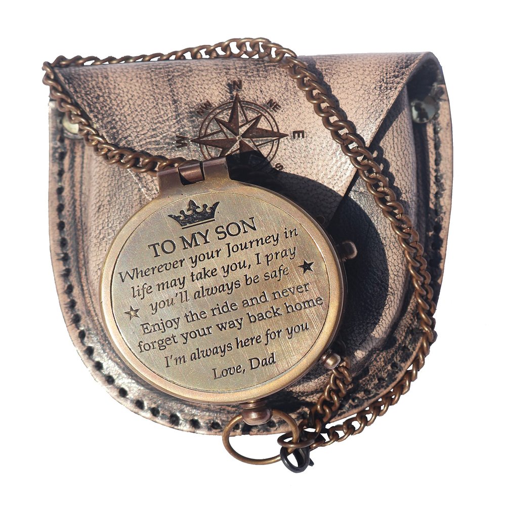 Brass Engrved Compass for Men, Pocket Compass with Leather Case, Antique Handmade Religious Gift Idea for Graduation, Communion, Baptism (to My Son, Love Dad)