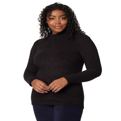 32 Degrees Heat Womens Heavyweight Baselayer Mock Neck Long Sleeve Fleece Top, Black, Large