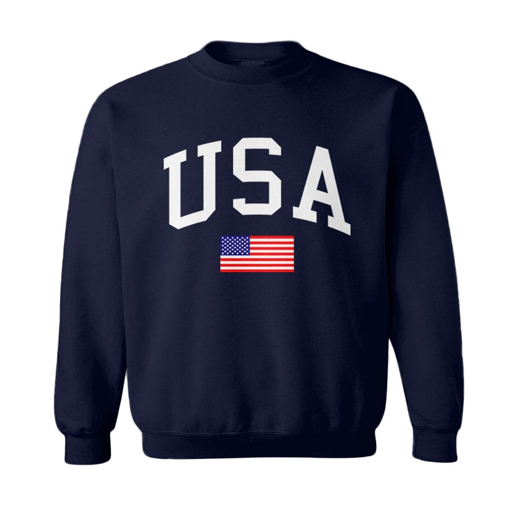 Haase Unlimited USA Word With Flag - United States Youth Fleece Crewneck Sweater (Navy Blue, Medium (Youth))