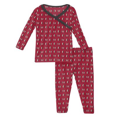 KicKee Pants Print Pajamas Set, Long Sleeve Kimono Style PJs with Scallop Edge, Ultra Soft and Snug Fitting (Crimson Penguins - 2T)