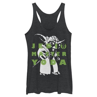 Star Wars Junior's Clone Wars Yoda Text Tri-Blend Racerback Layering Tank, Black Heather, Large