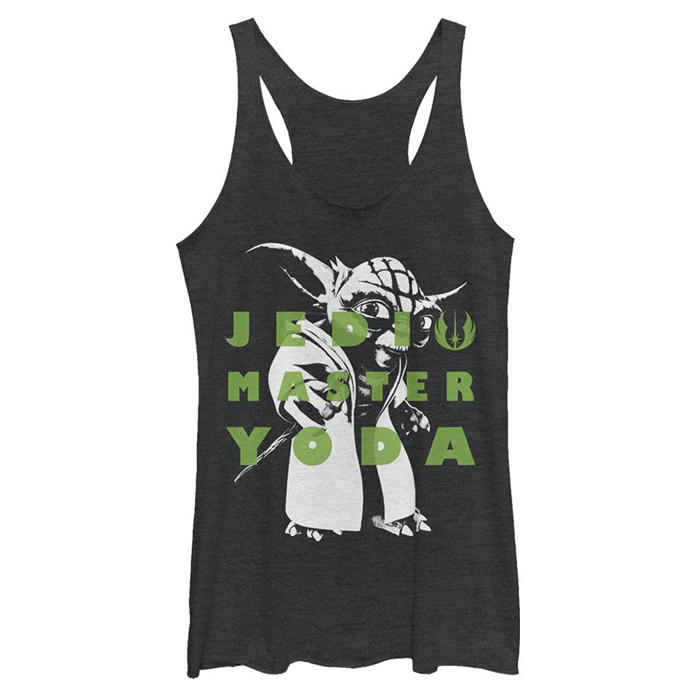 Star Wars Junior's Clone Wars Yoda Text Tri-Blend Racerback Layering Tank, Black Heather, Large