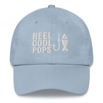 CreativeTees4You Reel Cool Pops Fishing Fisherman Gift Embroidered Dad Hat Adjustable Cotton Cap Light Blue